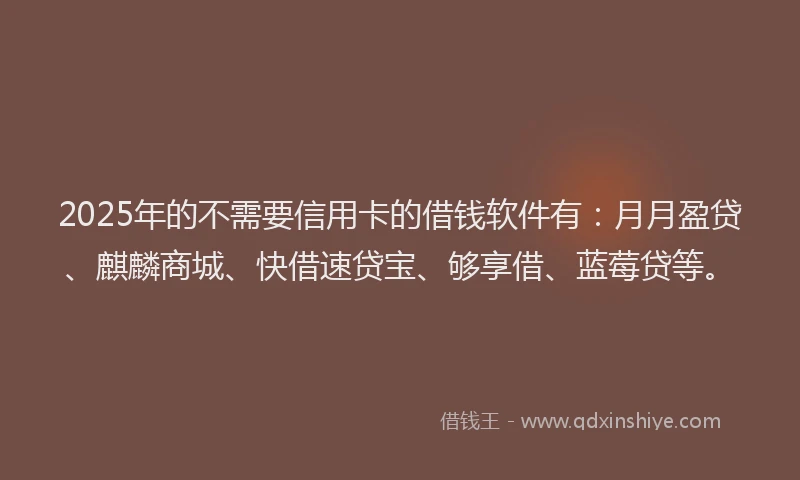 2025年的不需要信用卡的借钱软件有：月月盈贷、麒麟商城、快借速贷宝、够享借、蓝莓贷等。