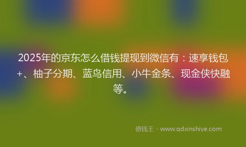 2025年的京东怎么借钱提现到微信有：速享钱包+、柚子分期、蓝鸟信用、小牛金条、现金侠快融等。