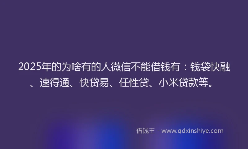 2025年的为啥有的人微信不能借钱有：钱袋快融、速得通、快贷易、任性贷、小米贷款等。