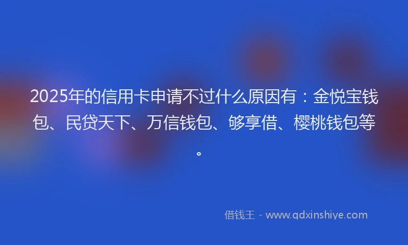 2025年的信用卡申请不过什么原因有：金悦宝钱包、民贷天下、万信钱包、够享借、樱桃钱包等。