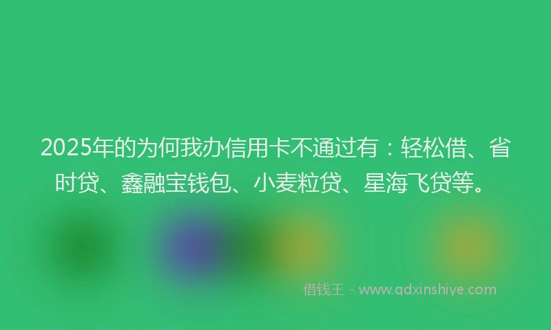 2025年的为何我办信用卡不通过有：轻松借、省时贷、鑫融宝钱包、小麦粒贷、星海飞贷等。
