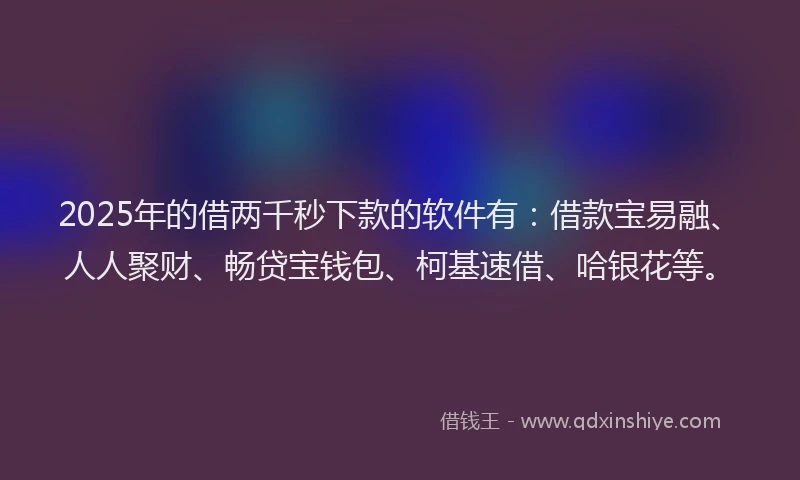 2025年的借两千秒下款的软件有：借款宝易融、人人聚财、畅贷宝钱包、柯基速借、哈银花等。