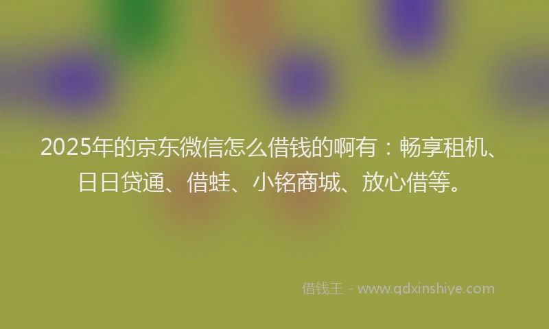 2025年的京东微信怎么借钱的啊有：畅享租机、日日贷通、借蛙、小铭商城、放心借等。
