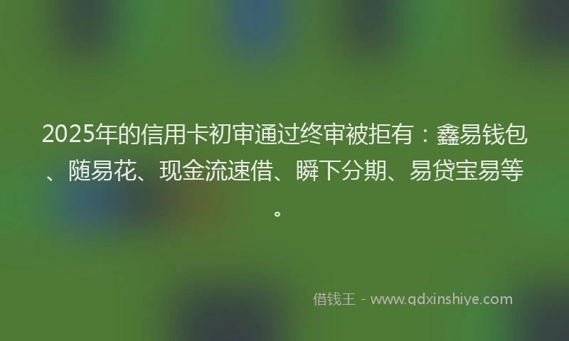 2025年的信用卡初审通过终审被拒有：鑫易钱包、随易花、现金流速借、瞬下分期、易贷宝易等。