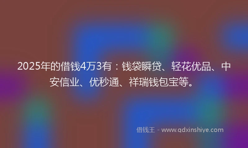 2025年的借钱4万3有：钱袋瞬贷、轻花优品、中安信业、优秒通、祥瑞钱包宝等。