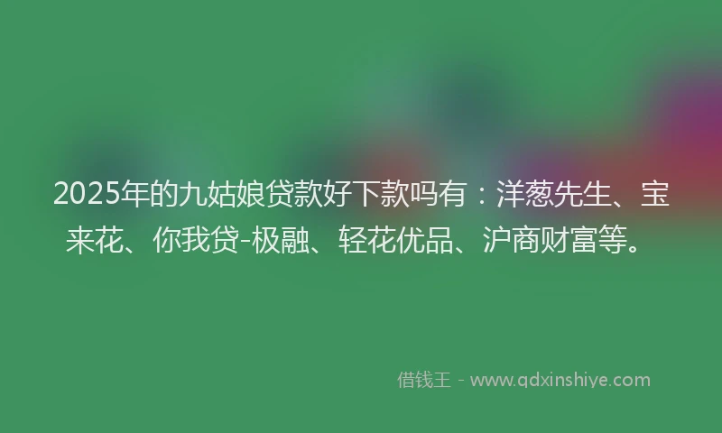 2025年的九姑娘贷款好下款吗有：洋葱先生、宝来花、你我贷-极融、轻花优品、沪商财富等。