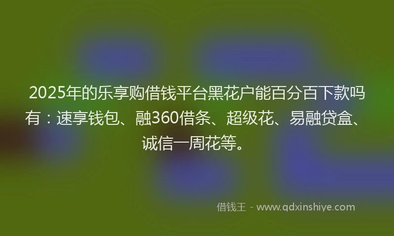 2025年的乐享购借钱平台黑花户能百分百下款吗有：速享钱包、融360借条、超级花、易融贷盒、诚信一周花等。