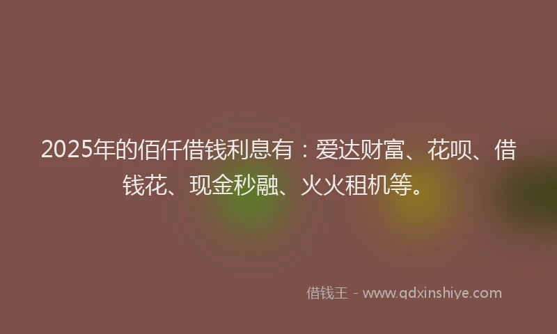 2025年的佰仟借钱利息有：爱达财富、花呗、借钱花、现金秒融、火火租机等。
