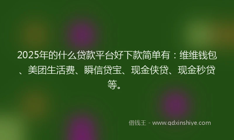 2025年的什么贷款平台好下款简单有：维维钱包、美团生活费、瞬信贷宝、现金侠贷、现金秒贷等。
