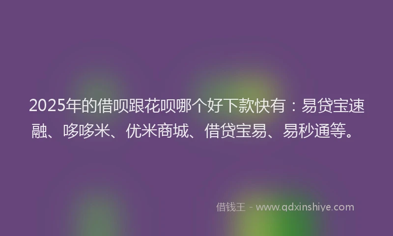 2025年的借呗跟花呗哪个好下款快有：易贷宝速融、哆哆米、优米商城、借贷宝易、易秒通等。