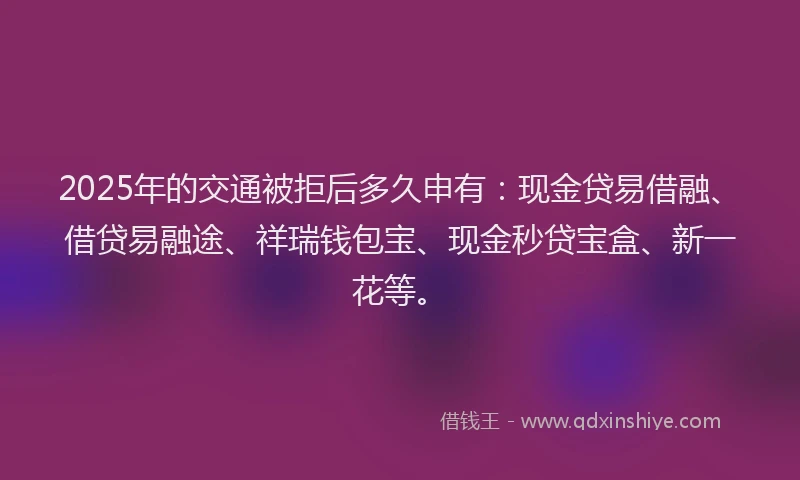 2025年的交通被拒后多久申有：现金贷易借融、借贷易融途、祥瑞钱包宝、现金秒贷宝盒、新一花等。