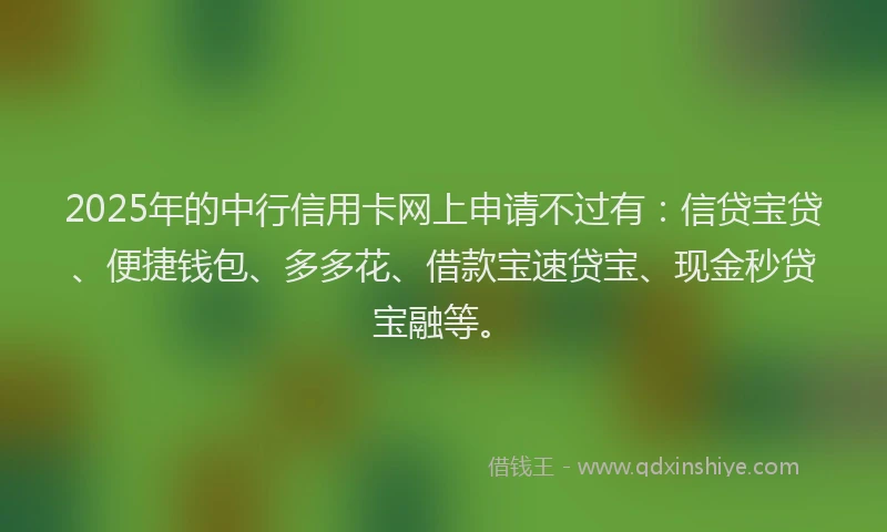 2025年的中行信用卡网上申请不过有:信贷宝贷、便捷钱包、多多花、借款宝速贷宝、现金秒贷宝融等。