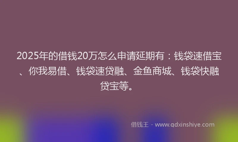 2025年的借钱20万怎么申请延期有：钱袋速借宝、你我易借、钱袋速贷融、金鱼商城、钱袋快融贷宝等。