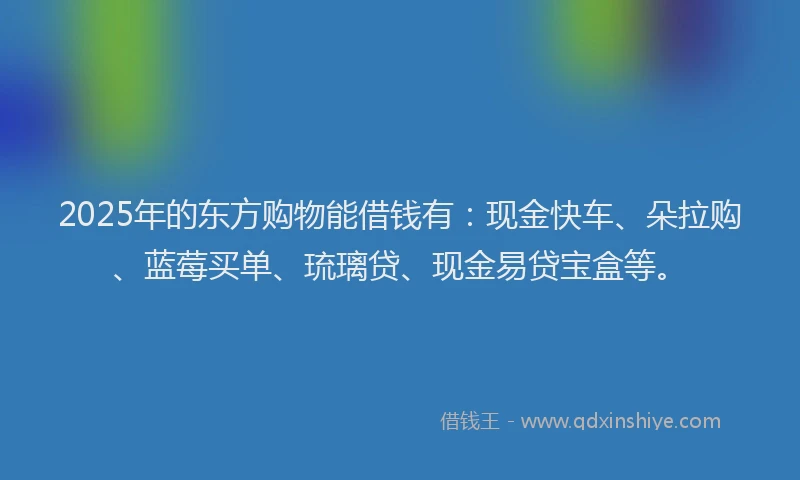 2025年的东方购物能借钱有：现金快车、朵拉购、蓝莓买单、琉璃贷、现金易贷宝盒等。