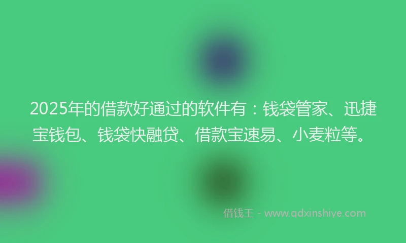 2025年的借款好通过的软件有：钱袋管家、迅捷宝钱包、钱袋快融贷、借款宝速易、小麦粒等。