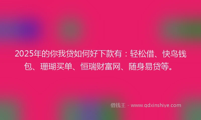 2025年的你我贷如何好下款有：轻松借、快鸟钱包、珊瑚买单、恒瑞财富网、随身易贷等。