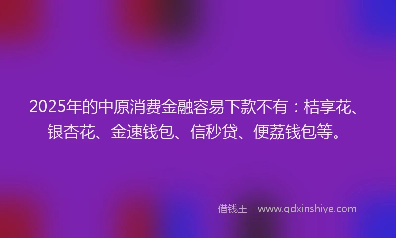 2025年的中原消费金融容易下款不有：桔享花、银杏花、金速钱包、信秒贷、便荔钱包等。