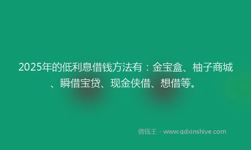 2025年的低利息借钱方法有：金宝盒、柚子商城、瞬借宝贷、现金侠借、想借等。