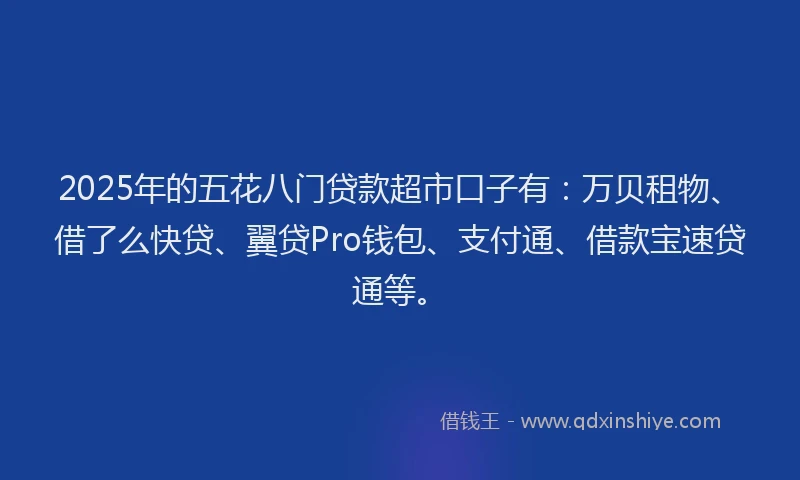 2025年的五花八门贷款超市口子有：万贝租物、借了么快贷、翼贷Pro钱包、支付通、借款宝速贷通等。
