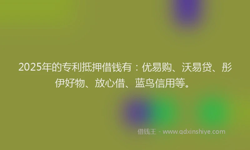 2025年的专利抵押借钱有：优易购、沃易贷、彤伊好物、放心借、蓝鸟信用等。
