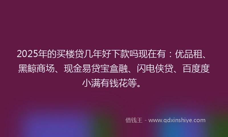 2025年的买楼贷几年好下款吗现在有：优品租、黑鲸商场、现金易贷宝盒融、闪电侠贷、百度度小满有钱花等。