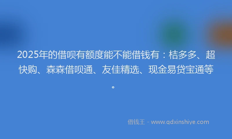 2025年的借呗有额度能不能借钱有：桔多多、超快购、森森借呗通、友佳精选、现金易贷宝通等。