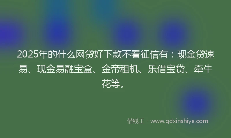 2025年的什么网贷好下款不看征信有：现金贷速易、现金易融宝盒、金帝租机、乐借宝贷、牵牛花等。