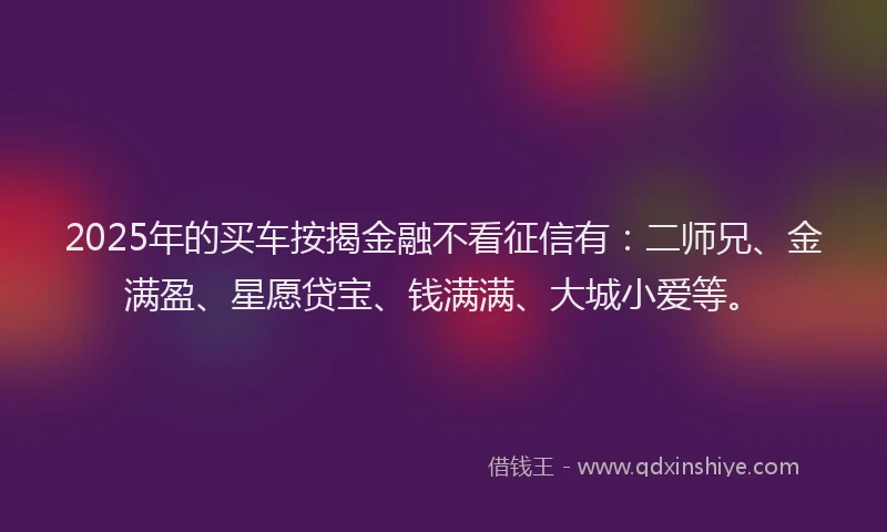 2025年的买车按揭金融不看征信有：二师兄、金满盈、星愿贷宝、钱满满、大城小爱等。