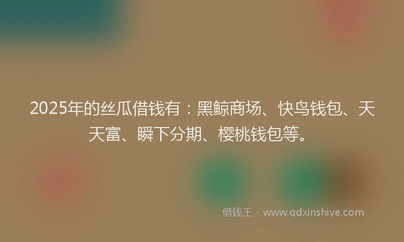 2025年的丝瓜借钱有：黑鲸商场、快鸟钱包、天天富、瞬下分期、樱桃钱包等。