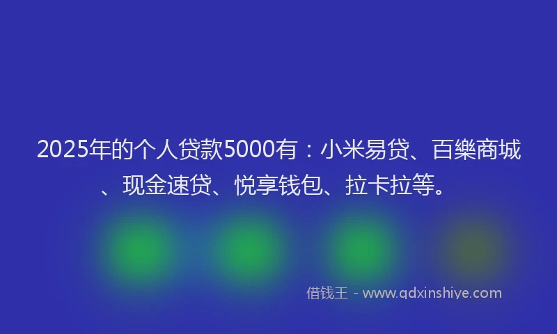 2025年的个人贷款5000有：小米易贷、百樂商城、现金速贷、悦享钱包、拉卡拉等。