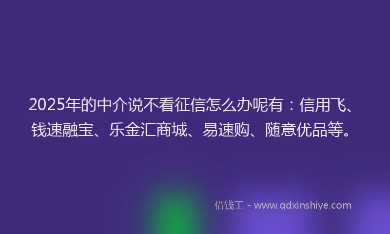 2025年的中介说不看征信怎么办呢有：信用飞、钱速融宝、乐金汇商城、易速购、随意优品等。
