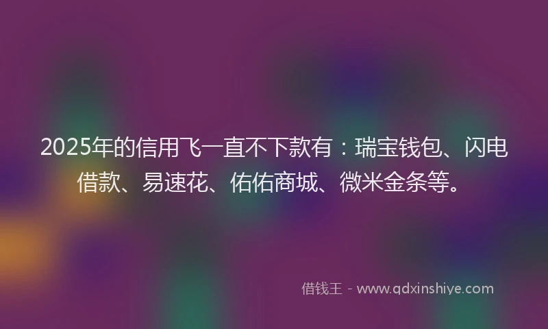 2025年的信用飞一直不下款有：瑞宝钱包、闪电借款、易速花、佑佑商城、微米金条等。
