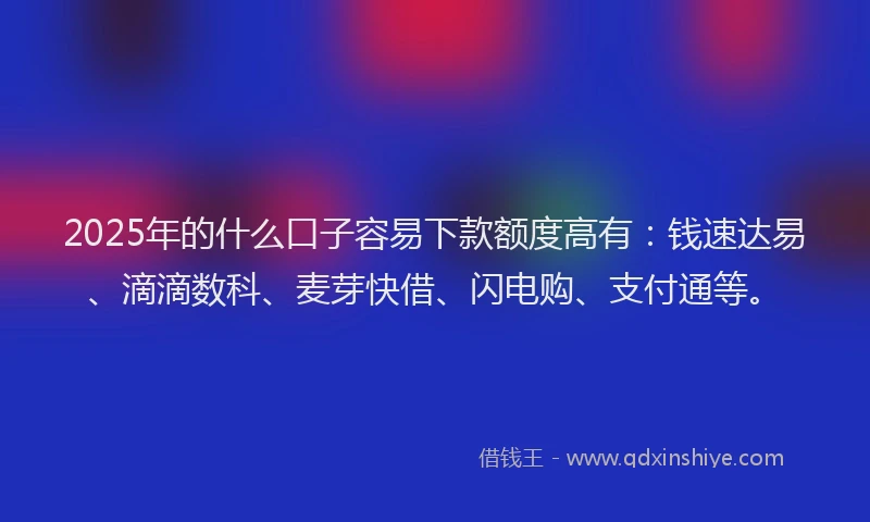 2025年的什么口子容易下款额度高有：钱速达易、滴滴数科、麦芽快借、闪电购、支付通等。