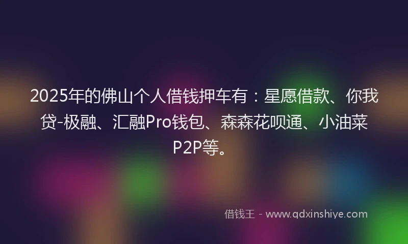 2025年的佛山个人借钱押车有：星愿借款、你我贷-极融、汇融Pro钱包、森森花呗通、小油菜P2P等。