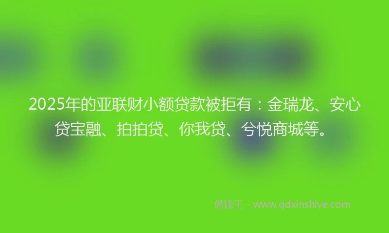 2025年的亚联财小额贷款被拒有：金瑞龙、安心贷宝融、拍拍贷、你我贷、兮悦商城等。