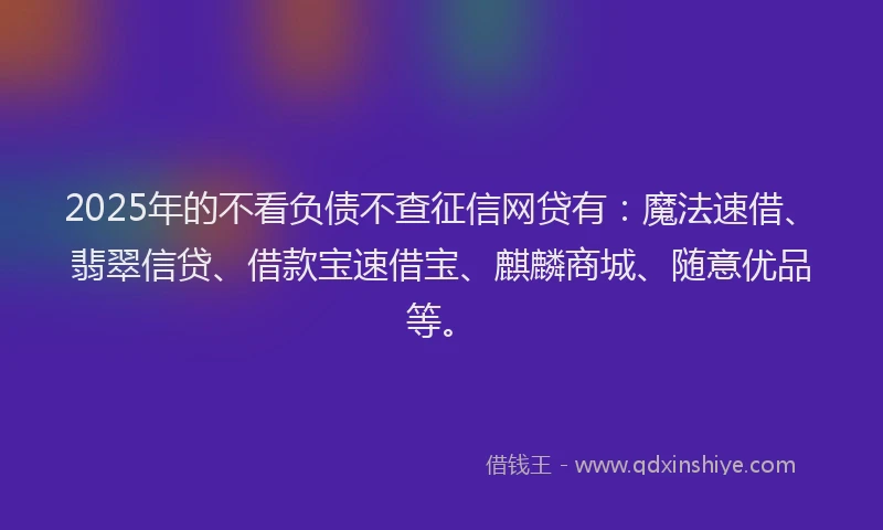 2025年的不看负债不查征信网贷有：魔法速借、翡翠信贷、借款宝速借宝、麒麟商城、随意优品等。