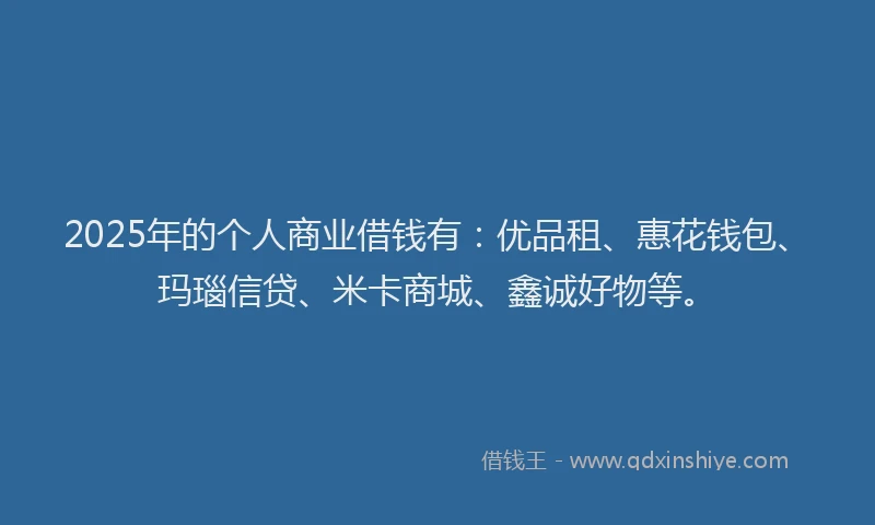 2025年的个人商业借钱有：优品租、惠花钱包、玛瑙信贷、米卡商城、鑫诚好物等。
