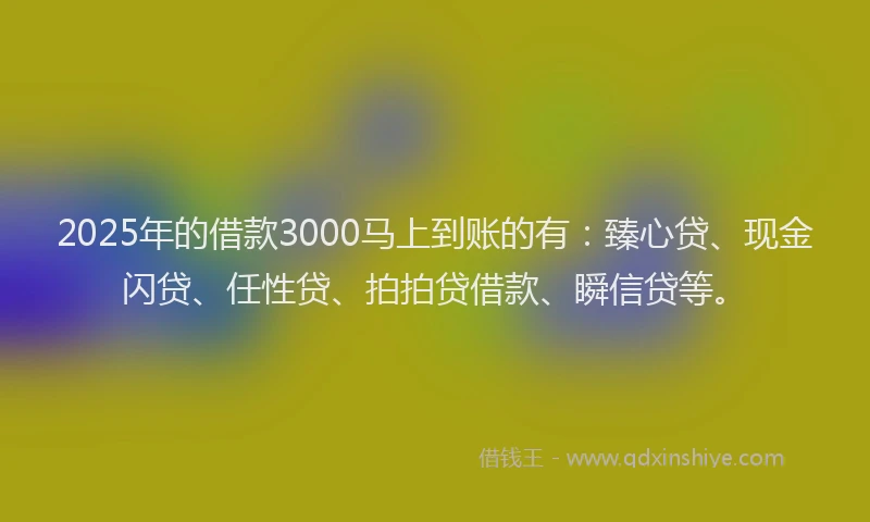 2025年的借款3000马上到账的有：臻心贷、现金闪贷、任性贷、拍拍贷借款、瞬信贷等。