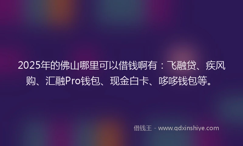 2025年的佛山哪里可以借钱啊有：飞融贷、疾风购、汇融Pro钱包、现金白卡、哆哆钱包等。