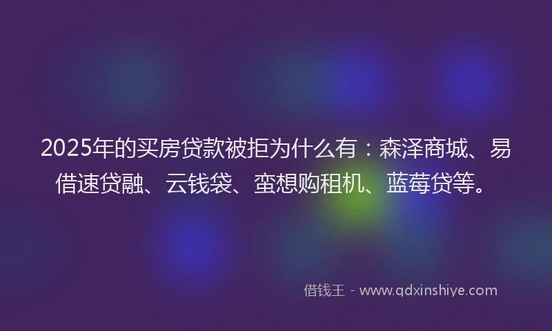 2025年的买房贷款被拒为什么有：森泽商城、易借速贷融、云钱袋、蛮想购租机、蓝莓贷等。