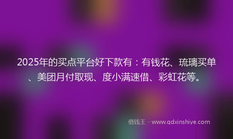 2025年的买点平台好下款有：有钱花、琉璃买单、美团月付取现、度小满速借、彩虹花等。