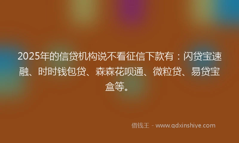 2025年的信贷机构说不看征信下款有：闪贷宝速融、时时钱包贷、森森花呗通、微粒贷、易贷宝盒等。