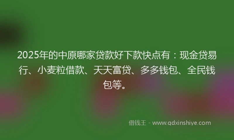2025年的中原哪家贷款好下款快点有：现金贷易行、小麦粒借款、天天富贷、多多钱包、全民钱包等。