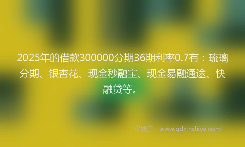 2025年的借款300000分期36期利率0.7有：琉璃分期、银杏花、现金秒融宝、现金易融通途、快融贷等。