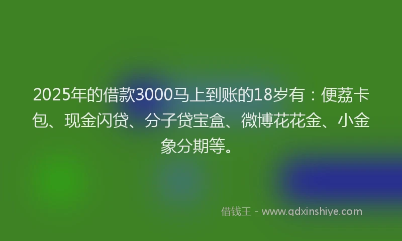 2025年的借款3000马上到账的18岁有：便荔卡包、现金闪贷、分子贷宝盒、微博花花金、小金象分期等。