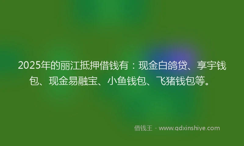 2025年的丽江抵押借钱有：现金白鸽贷、享宇钱包、现金易融宝、小鱼钱包、飞猪钱包等。