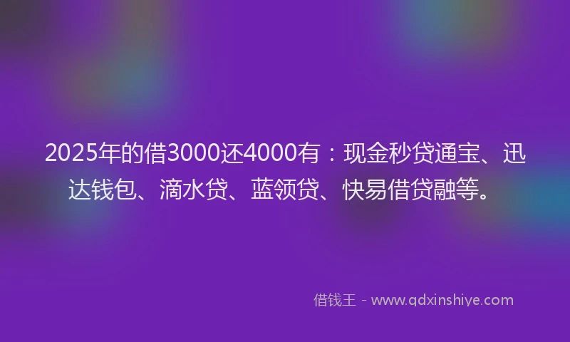2025年的借3000还4000有：现金秒贷通宝、迅达钱包、滴水贷、蓝领贷、快易借贷融等。
