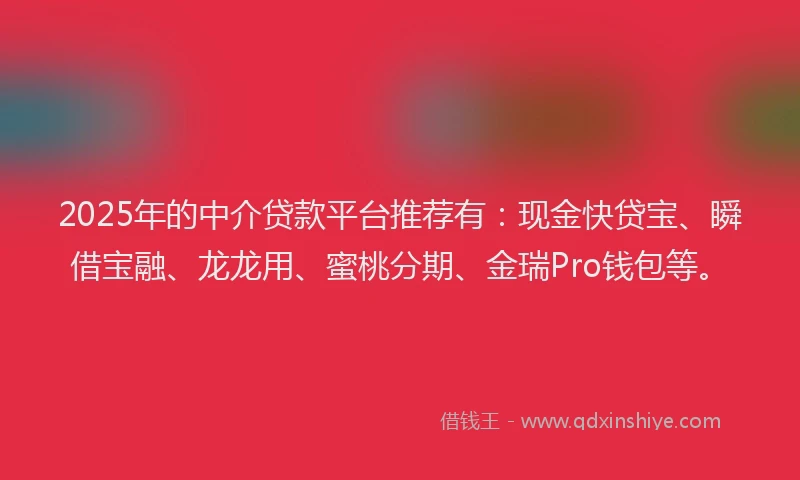 2025年的中介贷款平台推荐有：现金快贷宝、瞬借宝融、龙龙用、蜜桃分期、金瑞Pro钱包等。