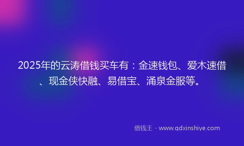 2025年的云涛借钱买车有：金速钱包、爱木速借、现金侠快融、易借宝、涌泉金服等。