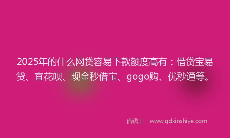 2025年的什么网贷容易下款额度高有：借贷宝易贷、宜花呗、现金秒借宝、gogo购、优秒通等。